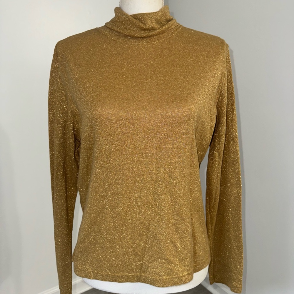 White Stag Gold Metallic Turtle Neck Long Sleeve Top Women’s M Y2K‎ Shimmer